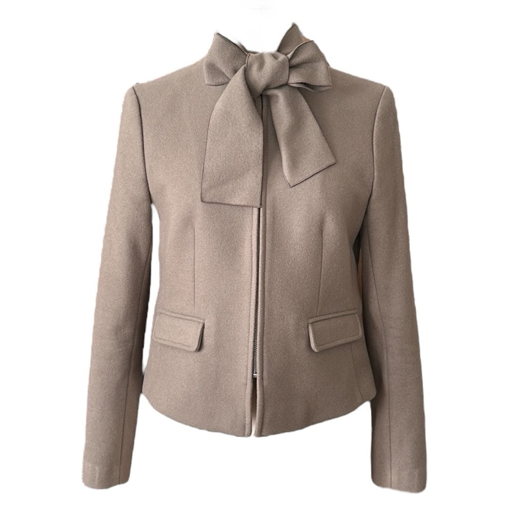 BANANA REPUBLIC Italian Wool Zip Jacket‎ Bow Neck Taupe Blazer Size 2
